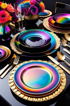 a table topped with black plates and silverware, gold black and rainbow colors, ornate galactic gold, iridescent metals, bold psychedelic colors, rich deep colors. masterpiec, iridescent accents. vibrant, colorful iridescent and playful, lisa frank & sho murase, cosmic and colorful, pan futurism, futuristic precious metals, vibrant fantasy style, black lacquer