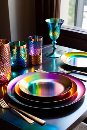 a table is set with colorful plates and silverware, iridescent accents. vibrant, iridescent metals, glass tableware, rich iridescent specular colors, colorful copper brass accents, colorful iridescent and playful, rich deep colors. masterpiec, vibrant iridescent colors, . iridescent accents, metallic colors, iridescent venetian blown glass, holographic design