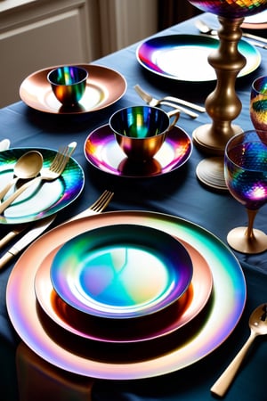 a table is set with colorful plates and silverware, iridescent accents. vibrant, iridescent metals, glass tableware, rich iridescent specular colors, colorful copper brass accents, colorful iridescent and playful, rich deep colors. masterpiec, vibrant iridescent colors, . iridescent accents, metallic colors, iridescent venetian blown glass, holographic design