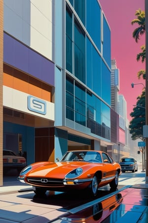 a painting of a car parked in front of a building, syd mead. rich colors, an ultrafine detailed painting, cgsociety saturated colors, artwork of a hong kong street, the art of pixar, american scene painting, vibrant colors hyper realism, syd mead color scheme, photorealistic colors, ultrafine detailed painting, colorkey scene, highly detailed digital painting