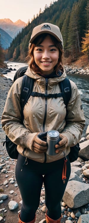 1 woman ((upper body selfie, happy)), masterpiece, best quality, ultra-detailed, solo, outdoors, (night), mountains, nature, (stars, moon) cheerful, happy, backpack, sleeping bag, camping stove, water bottle, mountain boots, gloves, sweater, hat, flashlight, forest, rocks, river, wood, smoke, shadows, contrast, clear sky, analog style (look at viewer:1.2) (skin texture) (film grain:1.3), (warm hue, warm tone:1.2), close up, cinematic light, sidelighting, ultra high res, best shadow, RAW, upper body, wearing pullover