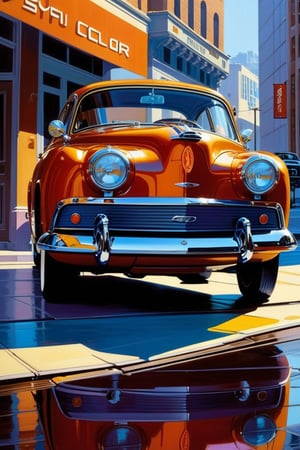 a painting of a car parked in front of a building, syd mead. rich colors, an ultrafine detailed painting, cgsociety saturated colors, artwork of a hong kong street, the art of pixar, american scene painting, vibrant colors hyper realism, syd mead color scheme, photorealistic colors, ultrafine detailed painting, colorkey scene, highly detailed digital painting