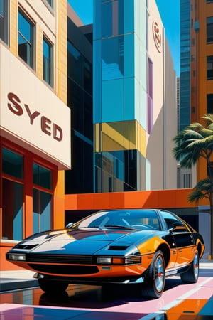 a painting of a car parked in front of a building, syd mead. rich colors, an ultrafine detailed painting, cgsociety saturated colors, artwork of a hong kong street, the art of pixar, american scene painting, vibrant colors hyper realism, syd mead color scheme, photorealistic colors, ultrafine detailed painting, colorkey scene, highly detailed digital painting