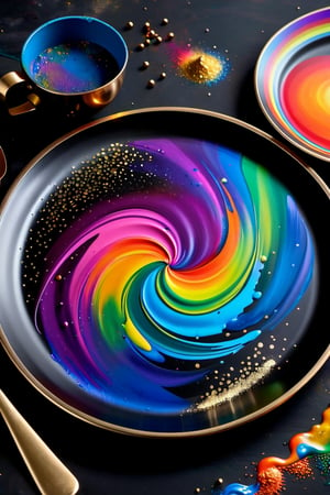 Dinner tableware in glittering metal paint, painted on a vanta black metal plate.  iridescent background, intricate rainbow environment, pattern in Golden ratio, Phi, magic particles; magic swirls, cgsociety 9, colorful swirls of paint, petros afshar speedart, splashes of neon galaxies, swirling paint colors, glow galaxy background, swirling paint, galaxy gas brushstrokes