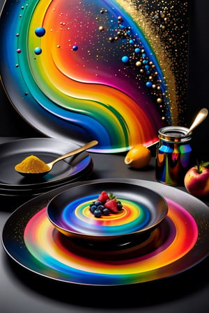 Advertising image of Dinner tableware in glittering metal paint, painted on a vanta black metal plate.  iridescent background, intricate rainbow environment, pattern in Golden ratio, Phi, magic particles; magic swirls, cgsociety 9, colorful swirls of paint, petros afshar speedart, splashes of neon galaxies, swirling paint colors, glow galaxy background, swirling paint, galaxy gas brushstrokes