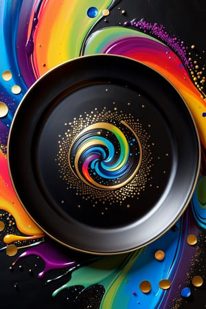 Dinner tableware in glittering metal paint, painted on a vanta black metal plate.  iridescent background, intricate rainbow environment, pattern in Golden ratio, Phi, magic particles; magic swirls, cgsociety 9, colorful swirls of paint, petros afshar speedart, splashes of neon galaxies, swirling paint colors, glow galaxy background, swirling paint, galaxy gas brushstrokes