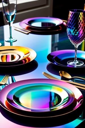 a table topped with colorful plates and spoons, iridescent metals, colorful refractive adornments, colorful iridescent and playful, holographic design, rich iridescent specular colors, futuristic precious metals, rich deep colors. masterpiec, vibrant iridescent colors, iridescent accents. vibrant, glass tableware, metallic colors, glittering metal paint