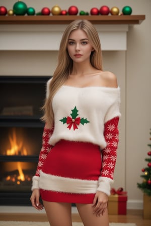 masterpiece, best quality,racy inappropriate , blonde hair, huge breasts, wearing christmas sweater, naked shoulders, midriff, school mini skirt, christmas decoration in background, lit fireplace in background,  ,christmas,cinematic , beautiful lightness, glamour photography, 8k,  David Hamilton style,Movie Still,Wonder of Beauty,<lora:659095807385103906:1.0>