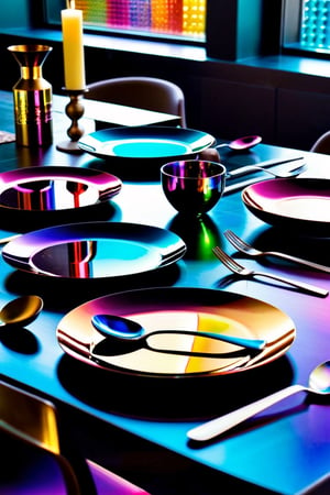 a table topped with colorful plates and spoons, iridescent metals, colorful refractive adornments, colorful iridescent and playful, holographic design, rich iridescent specular colors, futuristic precious metals, rich deep colors. masterpiec, vibrant iridescent colors, iridescent accents. vibrant, glass tableware, metallic colors, glittering metal paint