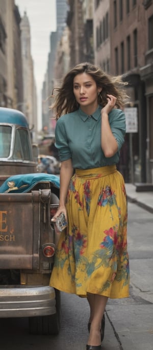 a bustling city street, with tall buildings lining the sidewalks. In the foreground, a stylish woman with flowing hair and a vibrant skirt stands near a vintage pickup truck, its paint weathered but full of character. The woman is holding an object she has just picked up from the ground, her expression a mix of curiosity and recognition. The item, a small trinket or key, seems to have belonged to her, as if it holds a secret from her past. Behind her, the city buzzes with life, but she is focused solely on this mysterious discovery, pondering its significance in her journey