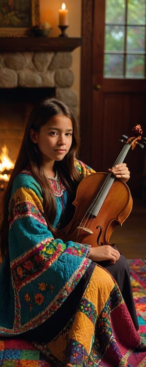 A young girl with long brown hair, wearing a colorful traditional Guatemalan huipil, delicately stitching a vibrant quilt under the warm glow of a crackling fireplace, surrounded by the rich tones of a melancholic cello melody that fills the room with a sense of nostalgic tranquility and artistic focus. This scene is captured in a close-up shot, emphasizing the intricate details of the quilt and the girl's focused expression, creating a warm and intimate atmosphere