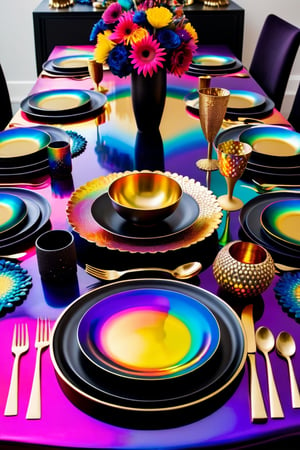 a table topped with black plates and silverware, gold black and rainbow colors, ornate galactic gold, iridescent metals, bold psychedelic colors, rich deep colors. masterpiec, iridescent accents. vibrant, colorful iridescent and playful, lisa frank & sho murase, cosmic and colorful, pan futurism, futuristic precious metals, vibrant fantasy style, black lacquer