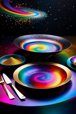 Advertising image of Dinner tableware in glittering metal paint, painted on a vanta black metal dinner tableware.  iridescent background, intricate rainbow environment, pattern in Golden ratio, Phi, magic particles; magic swirls, cgsociety 9, colorful swirls of paint, petros afshar speedart, splashes of neon galaxies, swirling paint colors, glow galaxy background, swirling paint, galaxy gas brushstrokes