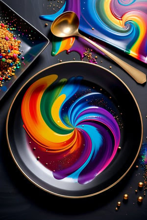 Advertising image of Dinner tableware in glittering metal paint, painted on a vanta black metal plate.  iridescent background, intricate rainbow environment, pattern in Golden ratio, Phi, magic particles; magic swirls, cgsociety 9, colorful swirls of paint, petros afshar speedart, splashes of neon galaxies, swirling paint colors, glow galaxy background, swirling paint, galaxy gas brushstrokes