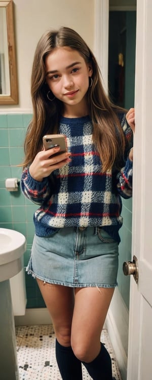 A 16-year-old teenage girl with a youthful beauty, Y2K fashion sense, wearing a stylish plaid sweater, and denim skirt, captured in a candid moment taking a selfie in a bathroom. The image, shot from a top-down angle, exudes raw and genuine vibes, perfectly encapsulating the essence of modern teen life. Enhanced with natural lighting accentuating her features, and an artsy filter giving it a vintage touch, showcasing a private moment of youth embracing fashion trends.