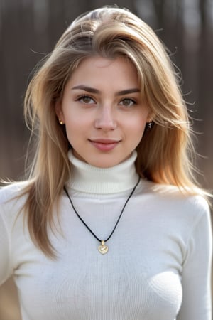 1 girl, very bright backlighting, solo, {beautiful and detailed eyes}, large breasts,calm expression, natural and soft light, hair blown by the breeze, delicate facial features, Blunt bangs, beautiful Russian girl, eye smile, very small earrings, 22yo, ((model pose)),(gold hair:1.4), flim grain, realhands, masterpiece, Best Quality, photorealistic, ultra-detailed, finely detailed, high resolution, perfect dynamic composition, beautiful detailed eyes, Russian girl,sharp-focus, beautymix, FilmGirl,shy smile,(wearing a white turtleneck sweater,all white sweater:1.3),(pendant:1.3),(long_hair:1.3),cowboy_shot,Realism