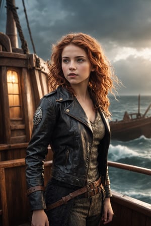 A brave young girl with long, flowing curly auburn hair fearlessly commands a wooden ship's rudder during a fierce storm at sea. Her classic black leather moto jacket emphasizes her unwavering leadership, her expression steely as she guides the vessel through tumultuous waters beneath a dramatic, stormy sky, highlighting her indomitable strength and resilience in the face of adversity. medieval castle, in space scene, cinematic, epic realism,8K, highly detailed, vintage photo, epic realism, highly detailed, high quality, baroque, lifestyle photography, candid, realistic, epic realism, rich textures, wide shot, sharp focus, high detail, 4k, masterpiece, photo, digital art, fantasy, the dark crystal movie style, over the shoulder shot, tiltshift, colorful lighting, backlit, golden hour lighting, spooky vibe 