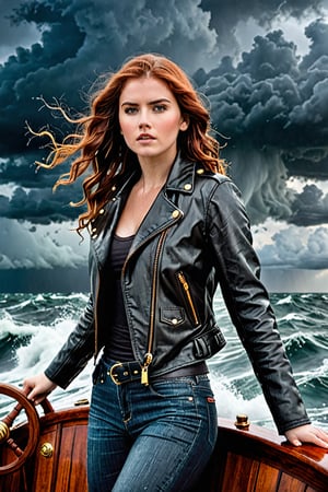 A brave young girl with long, flowing curly auburn hair fearlessly commands a wooden ship's rudder during a fierce storm at sea. Her classic black leather moto jacket emphasizes her unwavering leadership, her expression steely as she guides the vessel through tumultuous waters beneath a dramatic, stormy sky, highlighting her indomitable strength and resilience in the face of adversity.