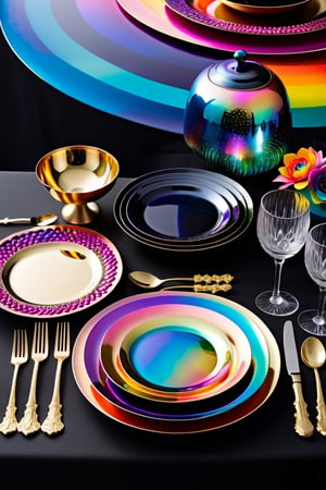 a table topped with black plates and silverware, gold black and rainbow colors, ornate galactic gold, iridescent metals, bold psychedelic colors, rich deep colors. masterpiec, iridescent accents. vibrant, colorful iridescent and playful, lisa frank & sho murase, cosmic and colorful, pan futurism, futuristic precious metals, vibrant fantasy style, black lacquer