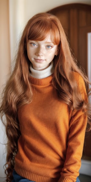 a woman with red hair and blue eyes wearing a sweater, ginger hair with freckles, red hair and freckles, redhead girl, she is redhead, beautiful redhead woman, redhead woman, red head, flowing ginger hair, ginger hair and fur, ginger hair, freckled, ginger wavy hair, with freckles, red hair and attractive features, elegant freckles, freckles