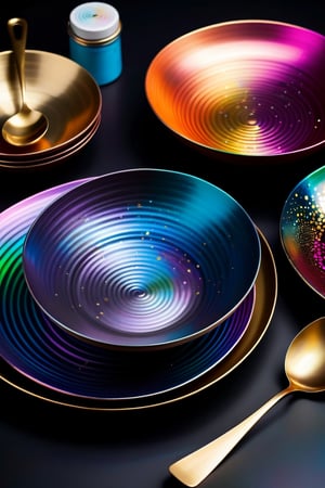 Advertising image of Dinner tableware in glittering metal paint, painted on a vanta black metal dinner tableware.  iridescent background, intricate rainbow environment, pattern in Golden ratio, Phi, magic particles; magic swirls, cgsociety 9, colorful swirls of paint, petros afshar speedart, splashes of neon galaxies, swirling paint colors, glow galaxy background, swirling paint, galaxy gas brushstrokes