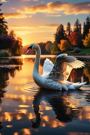 A graceful white swan elegantly gliding across a calm, reflective lake during a stunning sunset, showcasing its majestic movements while the golden hour lighting enhances its beauty, creating a serene and tranquil atmosphere in this high resolution image. in a park, cinematic, epic realism,8K, highly detailed, lifestyle photography, candid, realistic, epic realism, rich textures, wide shot, sharp focus, high detail, 4k, masterpiece, photo, digital art, fantasy, the dark crystal movie style, low angle photograph, tilt shift, side angle, colorful lighting, backlit, dreamy vibe 