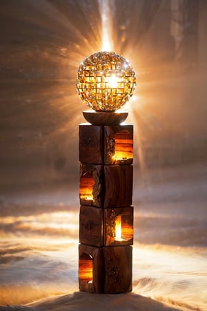 A multifaceted crystal orb, radiating a ethereal celestial glow, perched delicately on a stack of hand-carved mahogany blocks adorned with intricate patterns. The scene is enveloped in a mysterious mist, casting subtle shadows that add to the enchanting and mystical ambiance, evoking a sense of wonder and magic in a dimly lit room