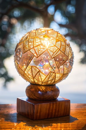 A multifaceted crystal orb, radiating a ethereal celestial glow, perched delicately on a stack of hand-carved mahogany blocks adorned with intricate patterns. The scene is enveloped in a mysterious mist, casting subtle shadows that add to the enchanting and mystical ambiance, evoking a sense of wonder and magic in a dimly lit room