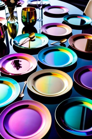 a table topped with colorful plates and spoons, iridescent metals, colorful refractive adornments, colorful iridescent and playful, holographic design, rich iridescent specular colors, futuristic precious metals, rich deep colors. masterpiec, vibrant iridescent colors, iridescent accents. vibrant, glass tableware, metallic colors, glittering metal paint