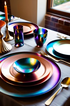 a table is set with colorful plates and silverware, iridescent accents. vibrant, iridescent metals, glass tableware, rich iridescent specular colors, colorful copper brass accents, colorful iridescent and playful, rich deep colors. masterpiec, vibrant iridescent colors, . iridescent accents, metallic colors, iridescent venetian blown glass, holographic design