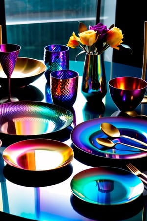 a table topped with colorful plates and spoons, iridescent metals, colorful refractive adornments, colorful iridescent and playful, holographic design, rich iridescent specular colors, futuristic precious metals, rich deep colors. masterpiec, vibrant iridescent colors, iridescent accents. vibrant, glass tableware, metallic colors, glittering metal paint