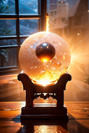 A multifaceted crystal orb, radiating a ethereal celestial glow, perched delicately on a stack of hand-carved mahogany blocks adorned with intricate patterns. The scene is enveloped in a mysterious mist, casting subtle shadows that add to the enchanting and mystical ambiance, evoking a sense of wonder and magic in a dimly lit room,Void volumes,Nature