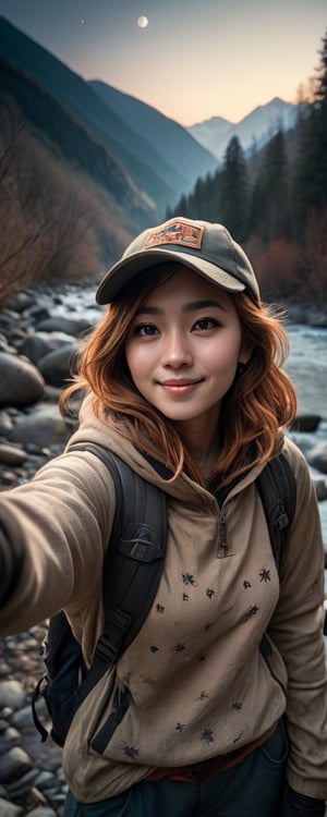 1 woman ((upper body selfie, happy)), masterpiece, best quality, ultra-detailed, solo, outdoors, (night), mountains, nature, (stars, moon) cheerful, happy, backpack, sleeping bag, camping stove, water bottle, mountain boots, gloves, sweater, hat, flashlight, forest, rocks, river, wood, smoke, shadows, contrast, clear sky, analog style (look at viewer:1.2) (skin texture) (film grain:1.3), (warm hue, warm tone:1.2), close up, cinematic light, sidelighting, ultra high res, best shadow, RAW, upper body, wearing pullover