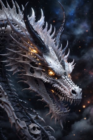 Translucent dragon skull,white teeth ,eternity in eye socket  ,(intricate detail), (super detailed), 8k hdr, high detailed, soft cinematic lighting, dramatic atmosphere, atmospheric perspective,torch lighting,ray tracing,starry universe background,cyborg style,chinese ink drawing,dragonborn,cyborg