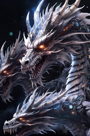 Translucent dragon with three heads skull,white teeth ,eternity in eye socket  ,(intricate detail), (super detailed), 8k hdr, high detailed, soft cinematic lighting, dramatic atmosphere, atmospheric perspective,torch lighting,ray tracing,starry universe background,cyborg style,chinese ink drawing,dragonborn,cyborg,mecha,android