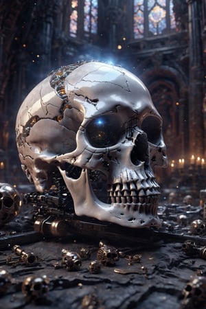 Translucent human skull,white teeth ,eternity in eye socket  ,(intricate detail), (super detailed), 8k hdr, high detailed, soft cinematic lighting, dramatic atmosphere, atmospheric perspective,torch lighting,ray tracing,starry universe background,cyborg style