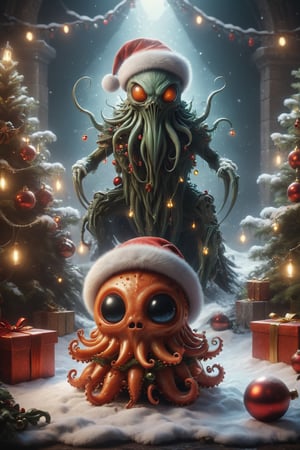Cinematic poster, various dreadful, horroristic, creepy looking cute (flying Baby Squid with Santa hat), (ornate flute:1.5), (tentacles:1.3), Cthulhu mythos, Lovecraftain horror, Christmas tree, Christmas lights, present boxes, snow, gothic dungeon ruins, (masterpiece:1.2), best quality, (highly detailed digital painting:1.2), (fantastic comic book style:1.3), 8k, (detailed face), photorealistic, (reflections), realistic, real shadow, octane render, 3d, (medieval atmosphere), (by Michelangelo),photo r3al,Movie Still,r4w photo,ral-chrcrts,detailmaster2,HellAI,fire