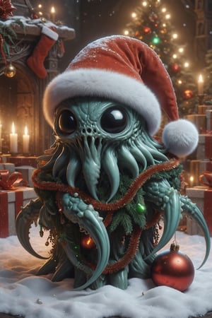 Cinematic poster, various dreadful, horroristic, creepy looking cute (flying Baby Squid with Santa hat), (ornate flute:1.5), (tentacles:1.3), Cthulhu mythos, Lovecraftain horror, Christmas tree, Christmas lights, present boxes, snow, gothic dungeon ruins, (masterpiece:1.2), best quality, (highly detailed digital painting:1.2), (fantastic comic book style:1.3), 8k, (detailed face), photorealistic, (reflections), realistic, real shadow, octane render, 3d, (medieval atmosphere), (by Michelangelo),photo r3al,Movie Still,r4w photo,ral-chrcrts,detailmaster2,HellAI,fire