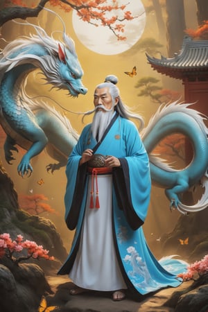 uhd, 8k, intricate, masterpiece, close-up, a very old ascetic, medieval chinese man in a beautiful pine forest, he is tall, thin, skinny with white long hair, (wind), (white long catfish mustache:1.2), azure eyes, wise, azure ornate chinese robe with magical symbols, sunshine, the most beautiful form of chaos, flowers and a huge abstract chinese eastern azure dragon as a mystical energy, butterflies,detailmaster2,photo r3al, cinematic scene, dynamic, poster