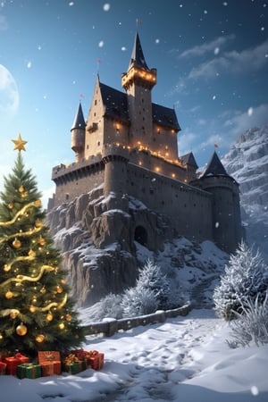(Masterpiece:1.5), beautiful (winter:1.5) scenery, (snowing), epic fantasy wallpaper of a (complex medieval castle with many walls and towers) (at the top of a very high rocky riverbank cliff:1.5) at one side of the very wide river:1.3) Rhein, night, moon, (snowy trees), (it is snowing:1.5), cold winter colors, (snow:1.5), (Christmas tree:1.5), (Christmas lights, Christmas decorations:1.5), (garlanded pine trees:1.5), snow, ultra detailed,  contrast,  texture,  cinematic lighting,  8k UHD,  beautiful and aesthetic,  elegant,  sharp edges,  photorealistic,  realistic,  ultra high res,  trending on Artsation,  extremely detailed,  volumetric lighting,  (masterpiece),  by Greg Rutkowski,  Artgerm (masterpiece,  best quality),greg rutkowski,photo r3al