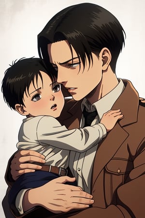 Handsome Levi Ackerman hugging his baby, Levi is from Attack On Titan, short man, slim body, grey eyes, intricate details, bare pecs, 8k, ultra detailed, high quality, high_resolution