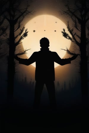 book cover, nature, silhouette of man with hands lifted, Darkness to Stars