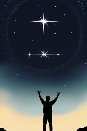 book cover, nature, silhouette of man with hands lifted toward the sky, star filled sky, 