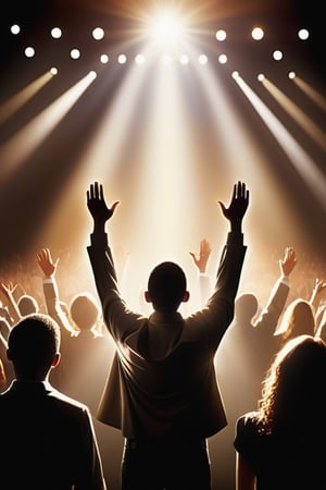 church praise and worship, photo realistic, dramatic lighting, people with hands raised, band in background