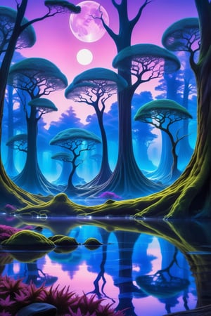 Visualize and create a captivating image of a mystical forest at dusk, with ancient trees adorned in bioluminescent patterns, casting a soft, enchanting glow. Picture magical creatures dwelling in the ethereal ambiance, blending seamlessly with the vibrant colors of the flora. Request a high-detailed, hyper-realistic masterpiece capturing the otherworldly beauty and serenity of this fantasy realm, set against a backdrop of the fading daylight.,aw0k magnstyle