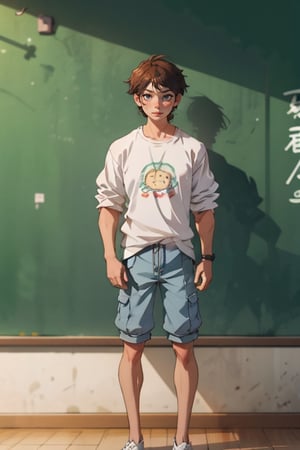 full body cute black man with JK clothes, written on blackboard there are few words on his shirt -Joe ,cloudstick,Hori,IncrsAnyasHehFaceMeme