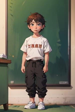 full body cute black boy with JK clothes, written on blackboard there are few words on his shirt -Joe ,cloudstick,Hori,IncrsAnyasHehFaceMeme