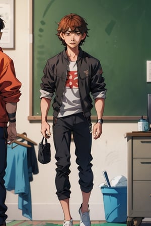 full body cute black boy with JK clothes, written on blackboard there are few words on his shirt -Joe ,cloudstick,Hori,IncrsAnyasHehFaceMeme