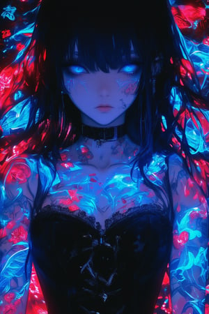 anime Style,1 girl, gothic emo girl, long black hair and piercing blue eyes, sickly white skin, nose piercing, she wears a black lace corset,(luminous body tattoos),(luminous Japanese tattoos, red cherry blossoms on her skin and blue koi fish intertwine across her body covered in glowing  tattoos with Japanese motifs,background highlighting the brightly glowing tattoos of neon blue and red backlighting, highly detailed,ct-identity,tron legacy style,glowingstyle,Midjourney_Whisper,TattooMale,uvtattoo,FluxGothicRealnime