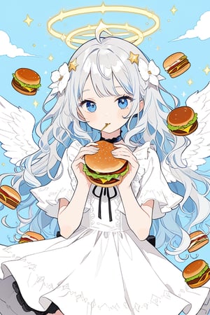 //quality 
masterpiece, best quality, aesthetic, 
A beautiful girl,1girl, angel, (white hair), long curly hair, (two side up), blue eyes, Two blue hair ties on head , (Double golden halo on her head), choker, angel wings, ahoge, dress, eating a hamburger, with a hamburger background, adorable.